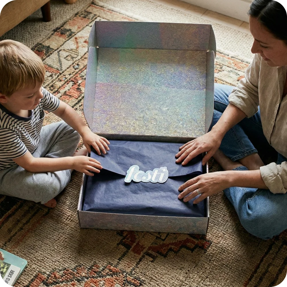 A mom and her son unboxing their Festi kit